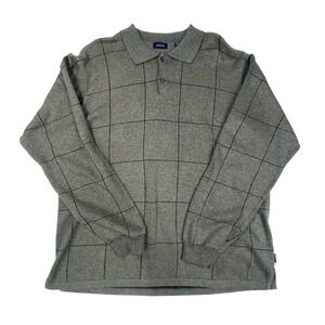 IZOD Men's Large Gray Grid-Knit Polo Sweater 100% Cotton Casual Pullover